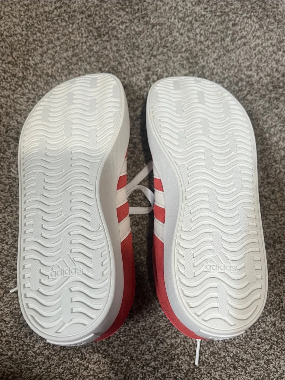 NEW, never worn Adidas Kids Red Suede Sneakers with White Stripes